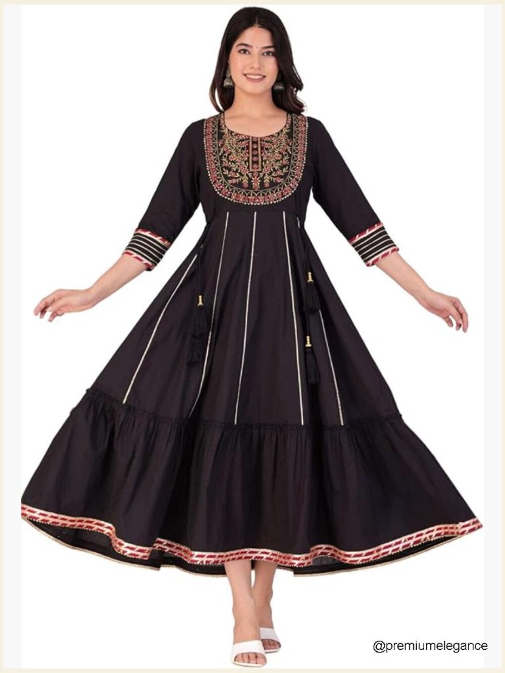 Flared Anarkali Kurta with 3/4 Sleeves - Cotton - Regular Fit - 48 Inches